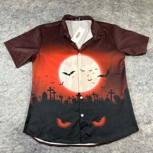 NWT JOGAL Button Down Shirt Men's M Halloween Bats Graveyard Short Sleeve Creepy